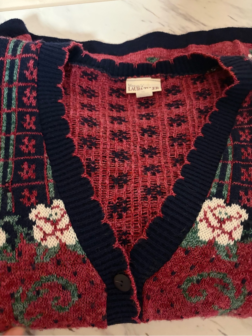 Vintage Laura Tyler Floral Jacquard Oversized Cardigan Sweater - Navy/Red/Rose